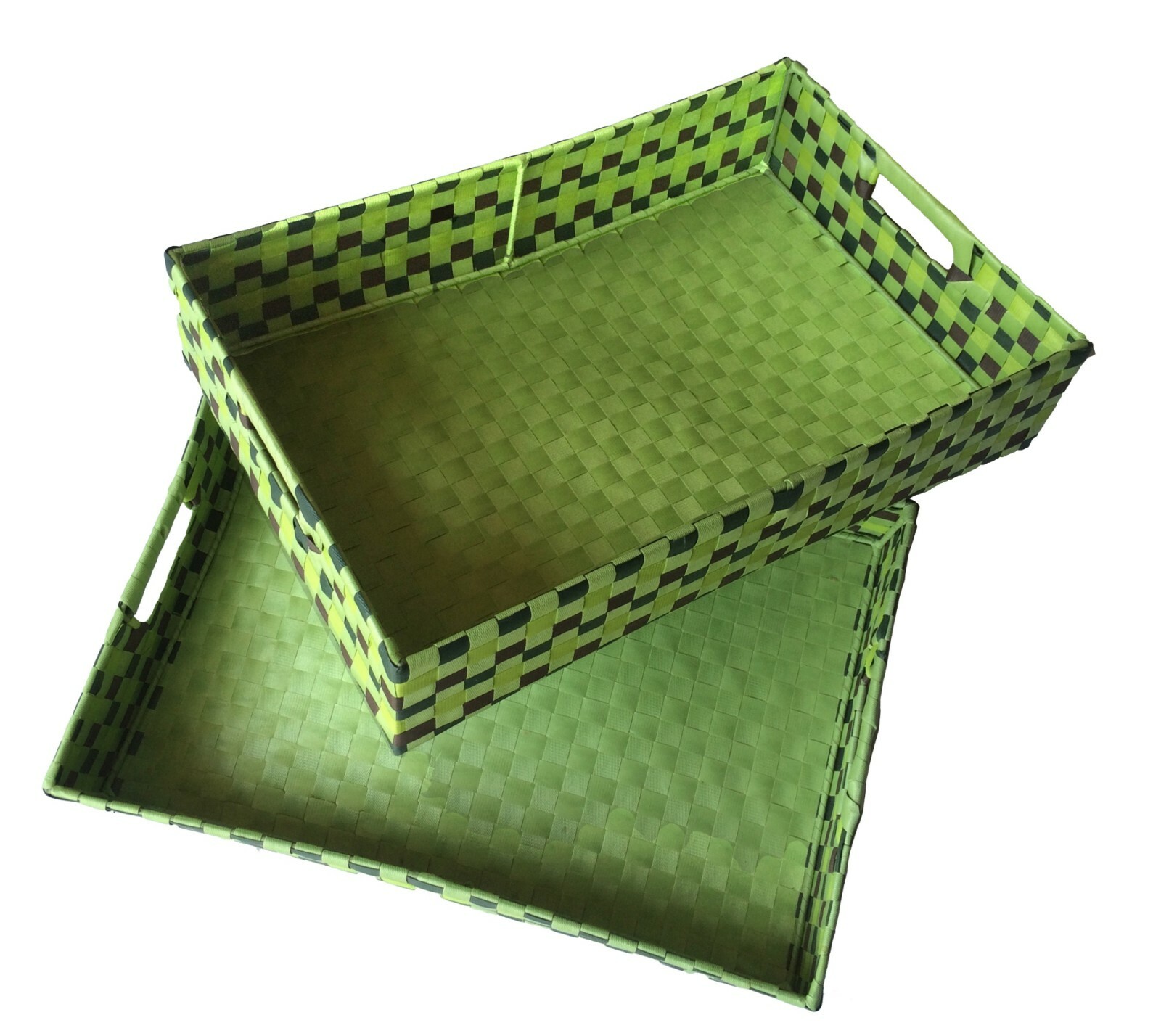 2 Rectangular Green & Purple Woven Nylon Baskets 12 x 18 x 3.5” Metal Reinforced