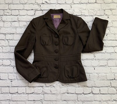 Manoukian 5 Button Brown Blazer Women s Size 10 100% Wool Purple Lined, Pockets