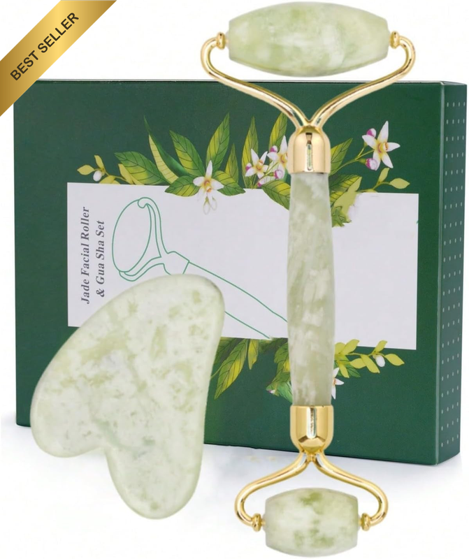 Jade Roller Gua Sha Set, Anti-Aging Natural Facial Roller Jade Gua Sha Set, Face