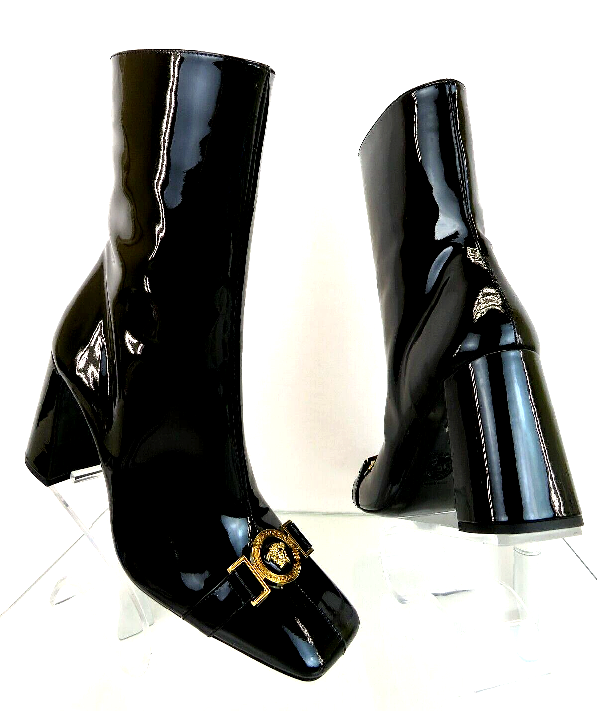 Pre-owned Versace $1300  Black Patent Leather Medusa Medallion Zip Heel Ankle Boots 39.5