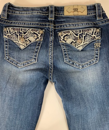 MISS ME Boot Cut Jeans Sz 27 Mid Rise Rhinestones Flap
