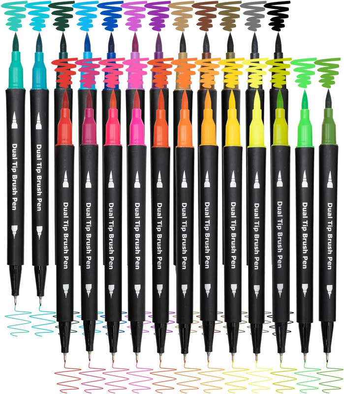 Dual Brush Marker Pens,24 Colored Markers,Fine Point and Bru