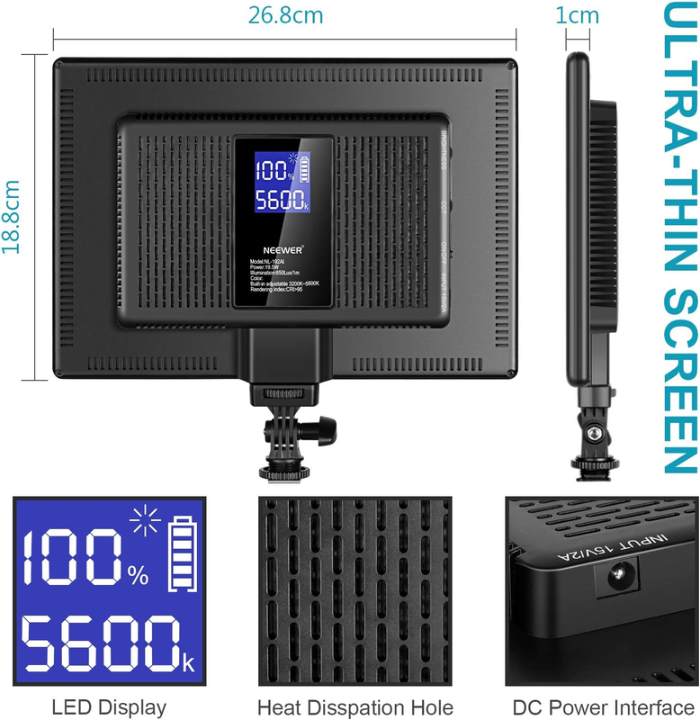 192 LED Video Light Panel, 20W Ultra Thin Bi Color Dimmable DSLR Camera Soft Lig