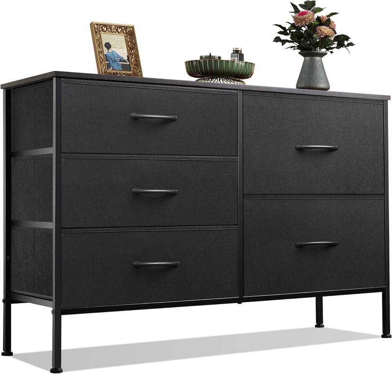 Dresser for Bedroom with 5 Drawers, Wide Bedroom Dresser with Drawer Organizers, Chest of Drawers, Fabric Dresser for Living Room, Closet, Hallway, Charcoal Black