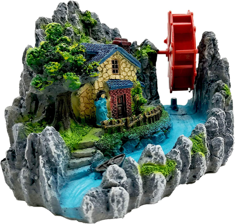 Aquarium Decoration Fish Resin Rock Fish Tank Waterwheel Village Ornament Mounta