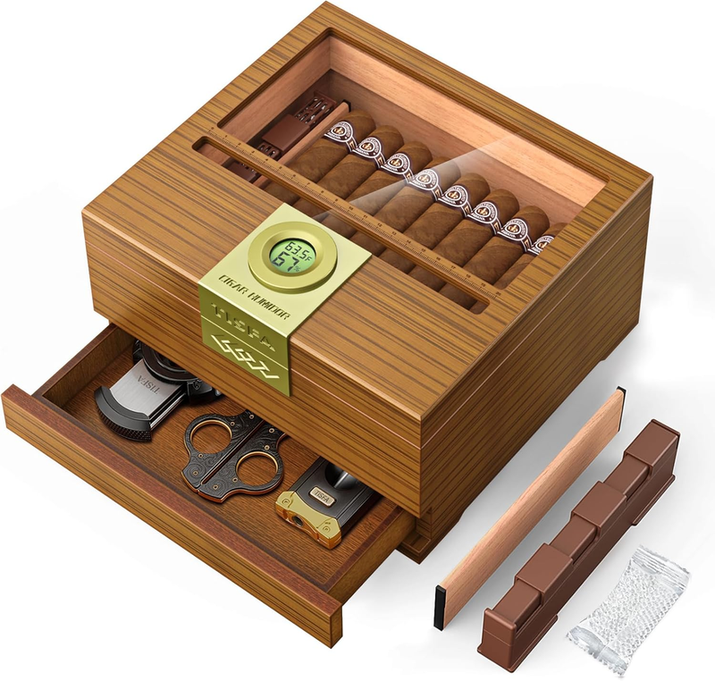 Cigar Box Handcrafted Humidor with Hygrometer and Humidifier, Cedar Wooden Humid