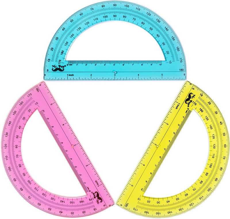 - Plastic Protractors, 3 Pack, 6 Inch, 180 Degrees, Colorful Protractor for Geom
