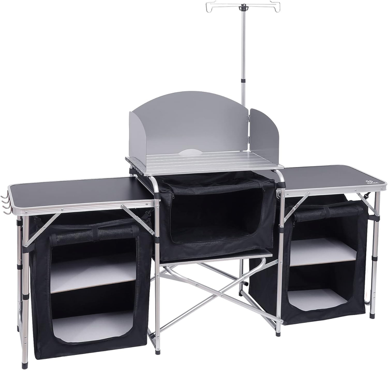 Camping Kitchen Table Roll Up Cook Station Windshield Light Stand Portable BBQ