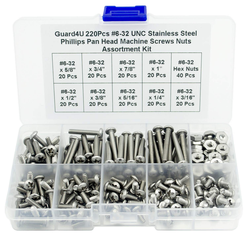 220Pcs #6-32 UNC Stainless Steel Phillips Pan Head Machine Screws Nuts