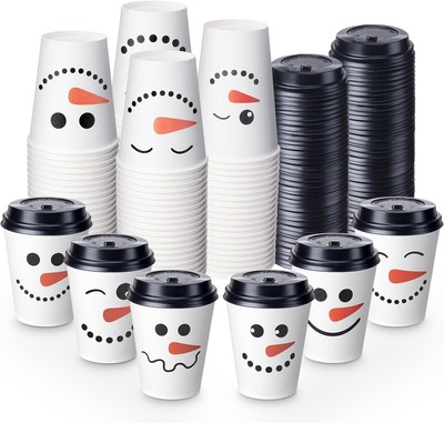 120 Pcs Snowman Disposable Paper Coffee Cups with Lids Winter Cocoa Cups Tea Pap