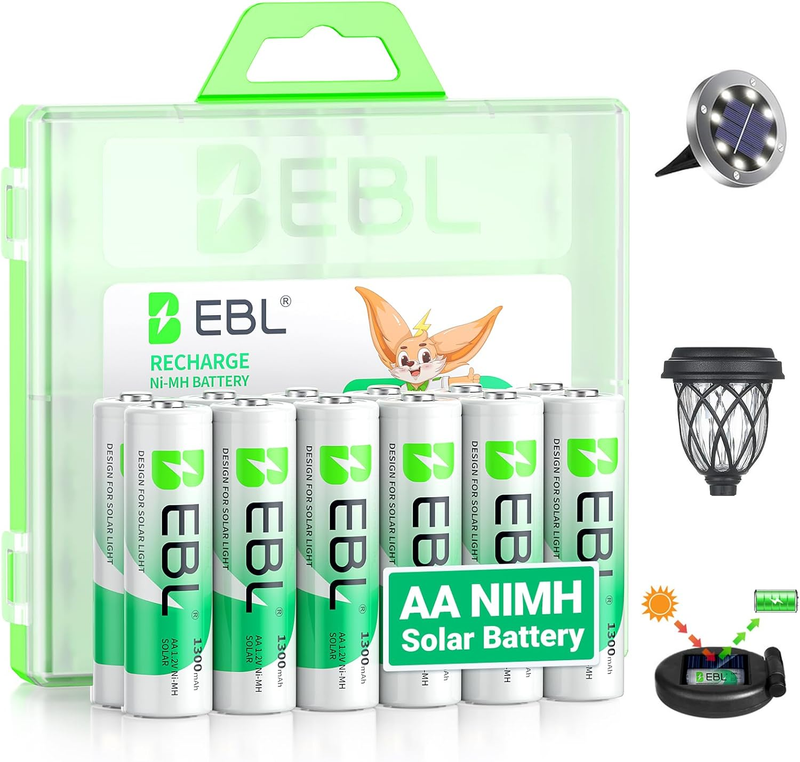 Solar AA Battery Rechargeable Batteries for Outdoor Solar Lights, 1300Mah NIMH P