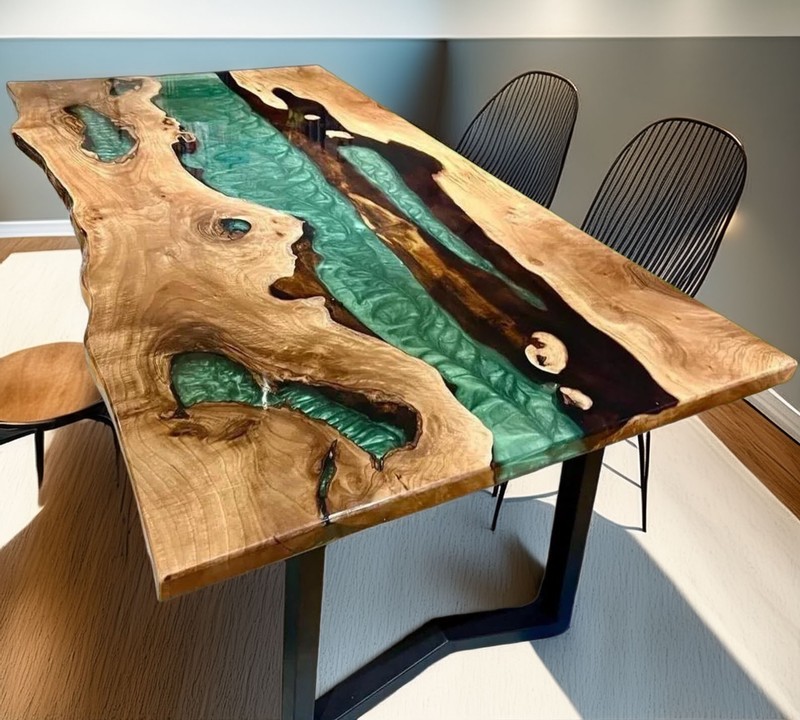Green Epoxy Resin Dining Table – Rectangular Live Edge Wood