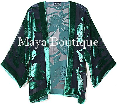 Pre-owned Maya Matazaro Emerald & Black Silk Burnout Velvet Jacket Short Kimono No Fringe  In Green