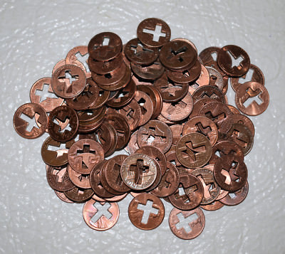 2. LOT OF 100 LINCOLN CENTS WITH RELIGIOUS CROSS CUT-OUTS IN THE COIN THICK 