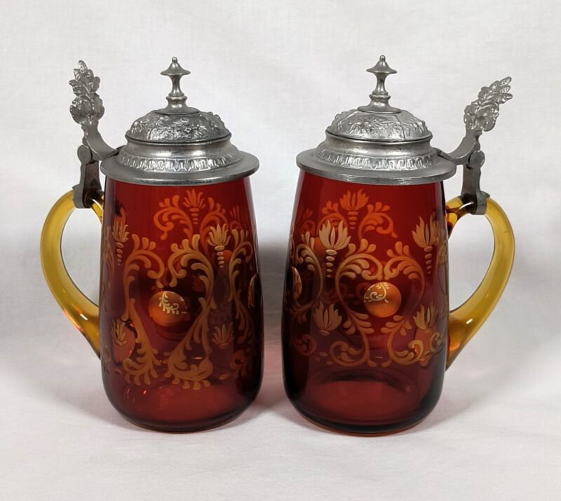 Bohemia Czech Crystal Etched Amber Glass Stein Mug with Pewter Lid - Set of Two