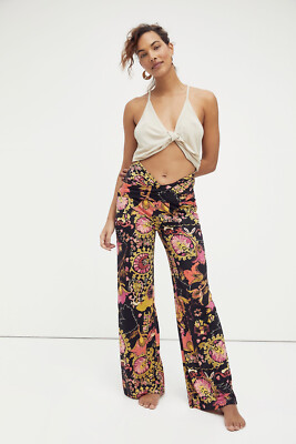 

Брюки Free People, драпированные в сумерках, эластичные широкие брюки с цветочным принтом, черный, розовый, S, НОВИНКА, Black pink lavender green yellow orange