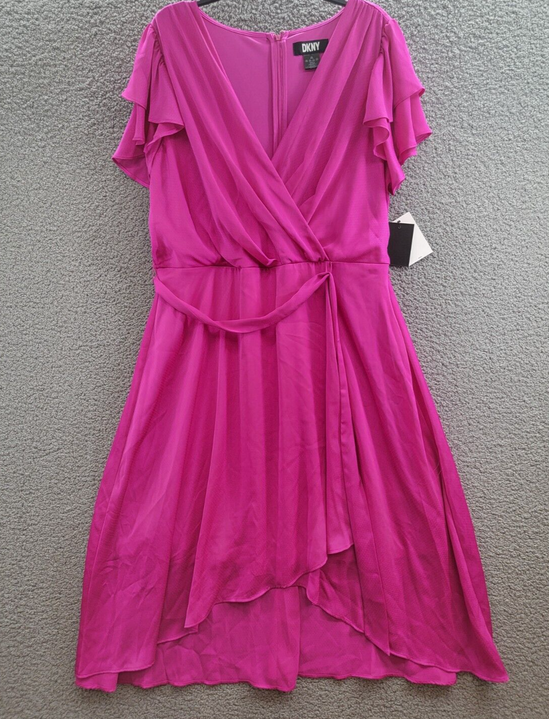 DKNY Plus Size Satin Ruffle-Sleeve High-Low Wrap Dress Women's 16W Power Pink - Picture 2 of 16