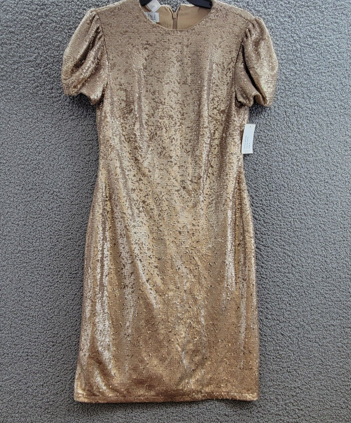 RENE Rene Ruiz Puff Sleeve Sequin Cocktail Dress Women's 8 Gold Back Zip Closure - Picture 2 of 17