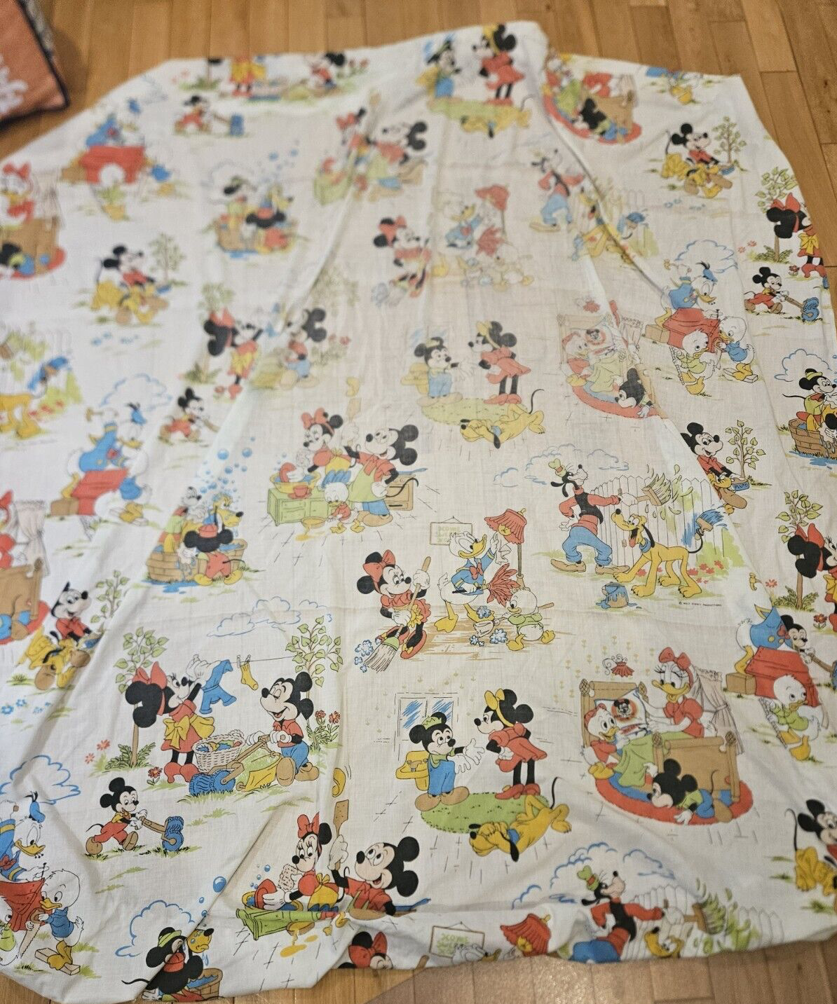 Vintage DISNEY MICKEY & Friends Chores FULL Muslin Flat and Fitted Sheet Fabric