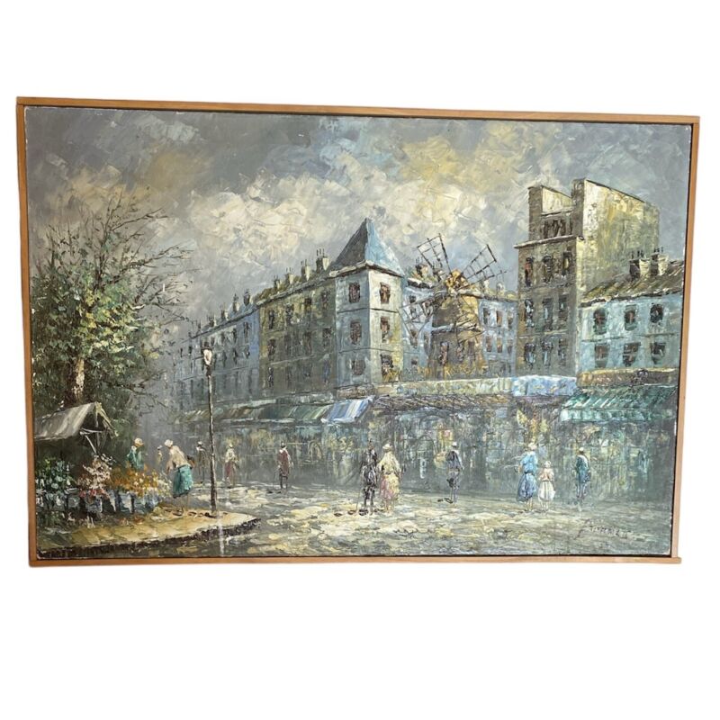 Oil Painting Paris Street Scene Moulin Rouge After Caroline Burnett Signed 36x24