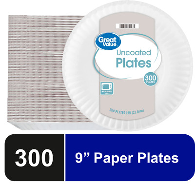 Uncoated Microwave Safe Disposable Paper Plates - White, 300 Count