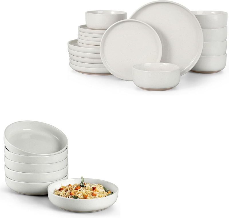 Dinnerware Sets, 24-Piece Stoneware Plates and Bowls Set for 6, Ceramic Dish Set for Home Restaurant, Chip and Scratch Resistant, Microwave and Dishwasher Safe, Speckled Milky White