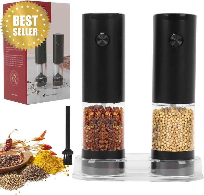 Electric Salt and Pepper Grinder Set, Battery Powered Spice Mills with Adjustabl