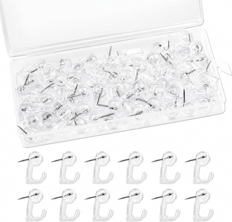 60 Pcs Clear Push Pin Hooks, Plastic Thumbtacks for Hanging