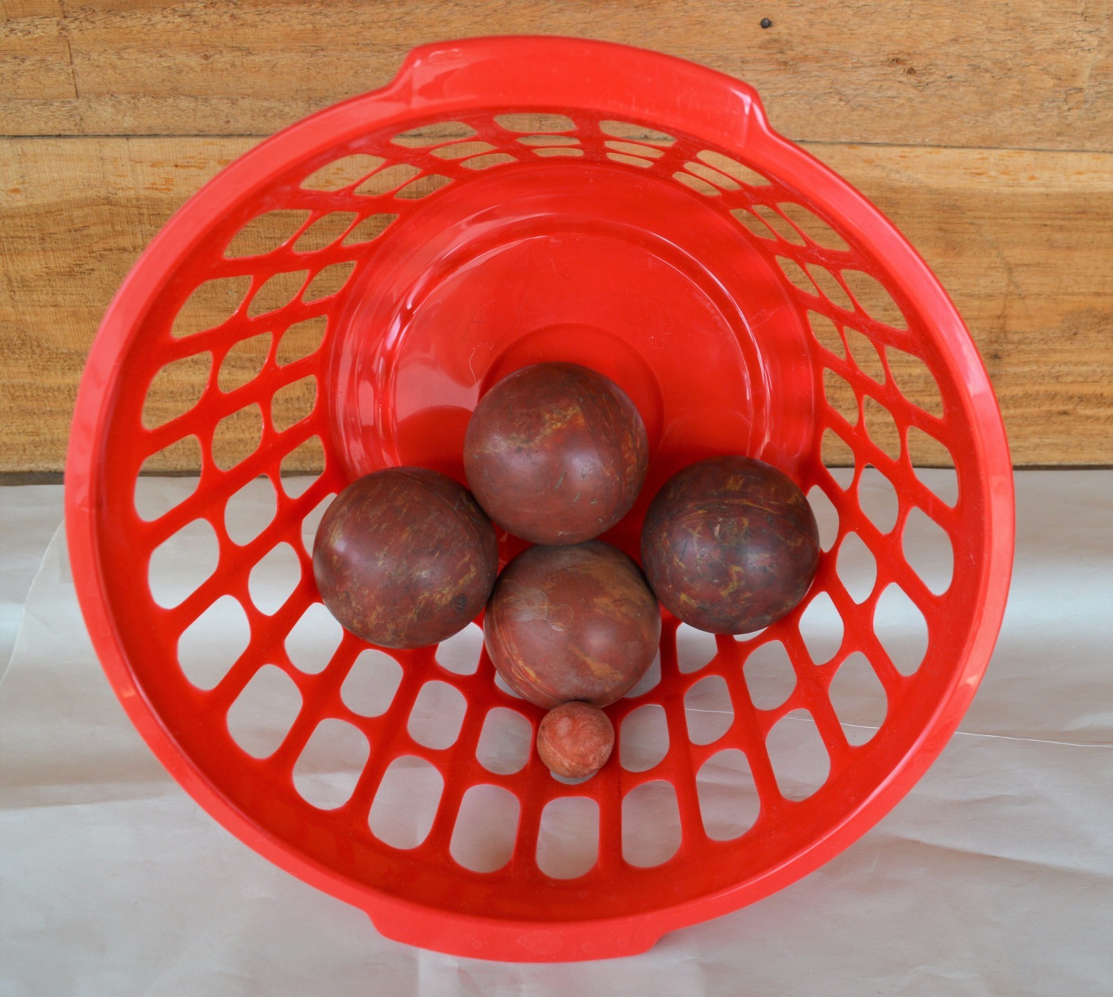 4 Antique Vintage Red Clay Carpet Balls w Tan Streaks & 1 Clay Target Ball