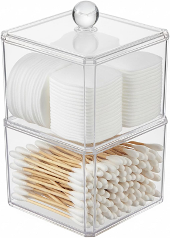 Square Cotton Swab Holder with Clear Transparent Lid, Double Tier 2-Compartment