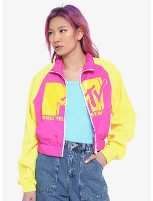 MTV Pink & Yellow Color-Block Juniors Crop Windbreaker New Small