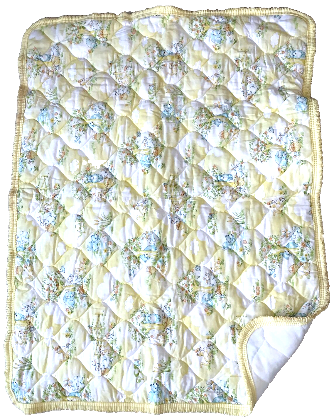 Yellow Bear Bunny Cat Quilted Vtg 80s 36x48