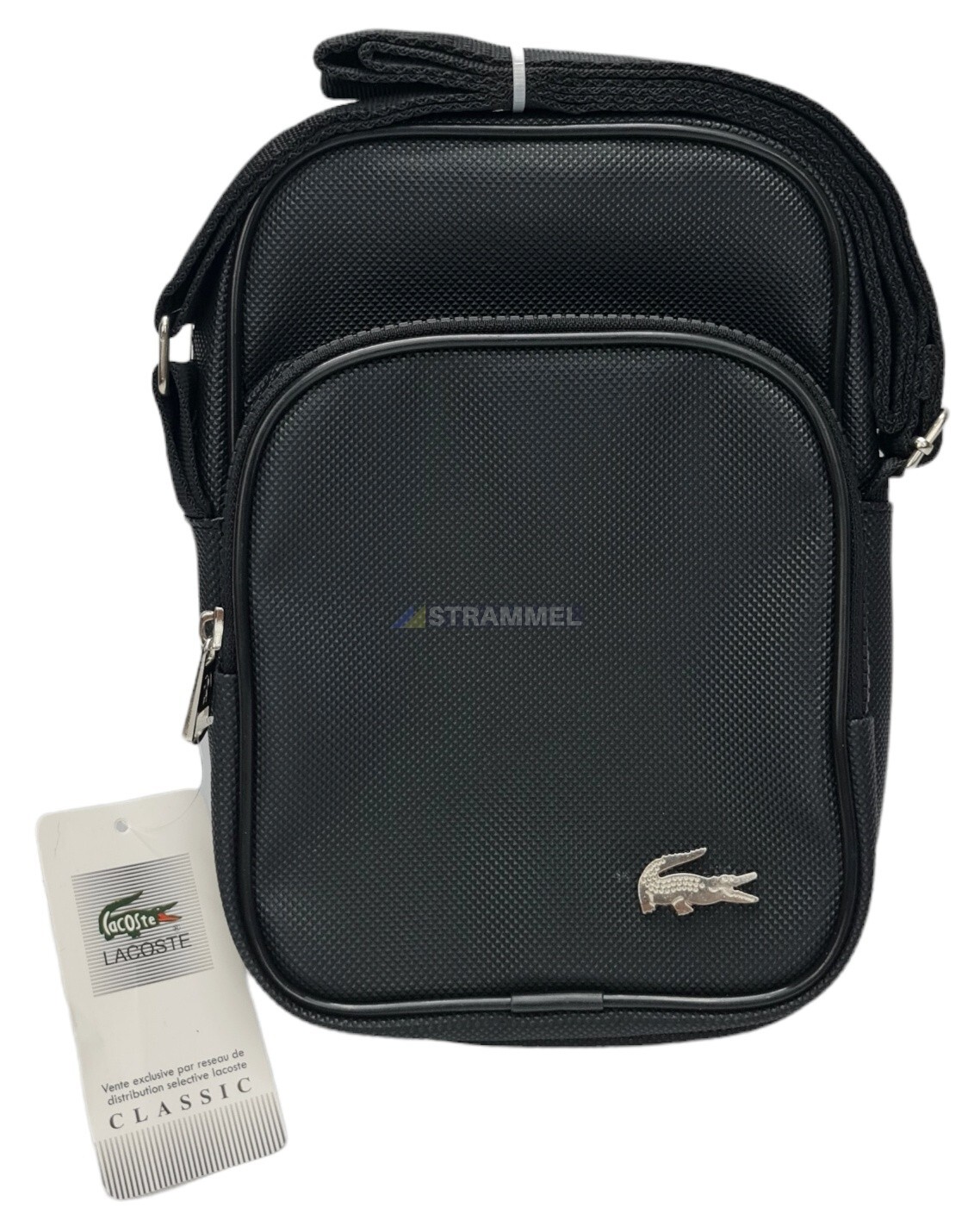 Sac a elingue noir Lacoste materiau epais impermeable avec logo en metal bandoul