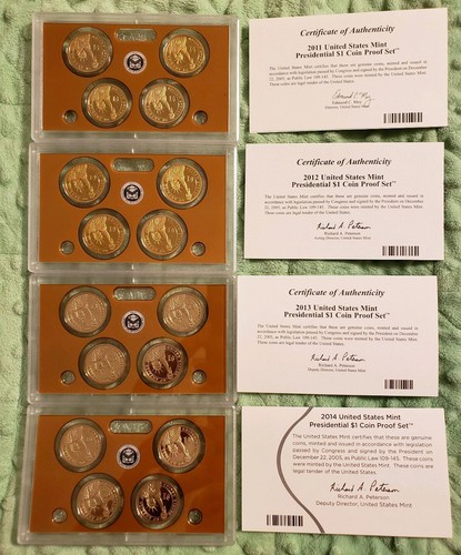 2011 2012 2013 2014 Proof Presidential Dollar Coin Sets with Boxes and COA #160