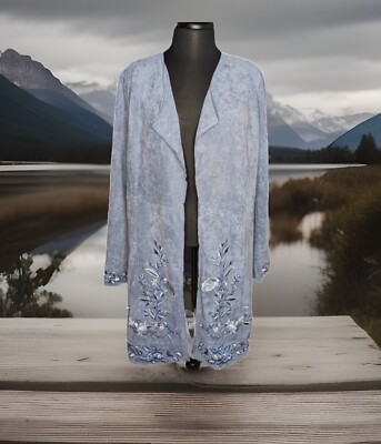 Curations Long Jacket Faux Suede with Embroidered Flowers Size L in Light Blue
