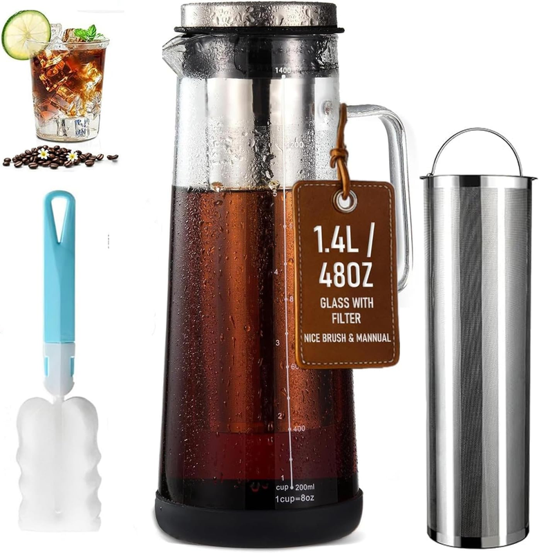Airtight Cold Brew Coffee Maker Pitcher, 1.4L/48Oz Thick Glass Carafe with Filte