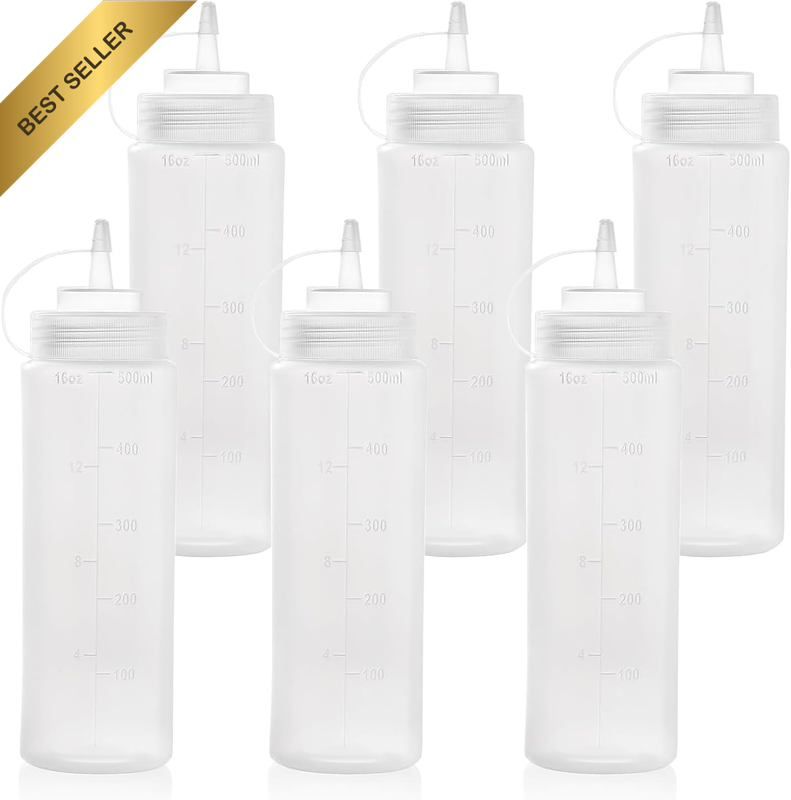 6 Pack Double Scales Condiment Squeeze Bottles with Twist on Caps and Measuremen