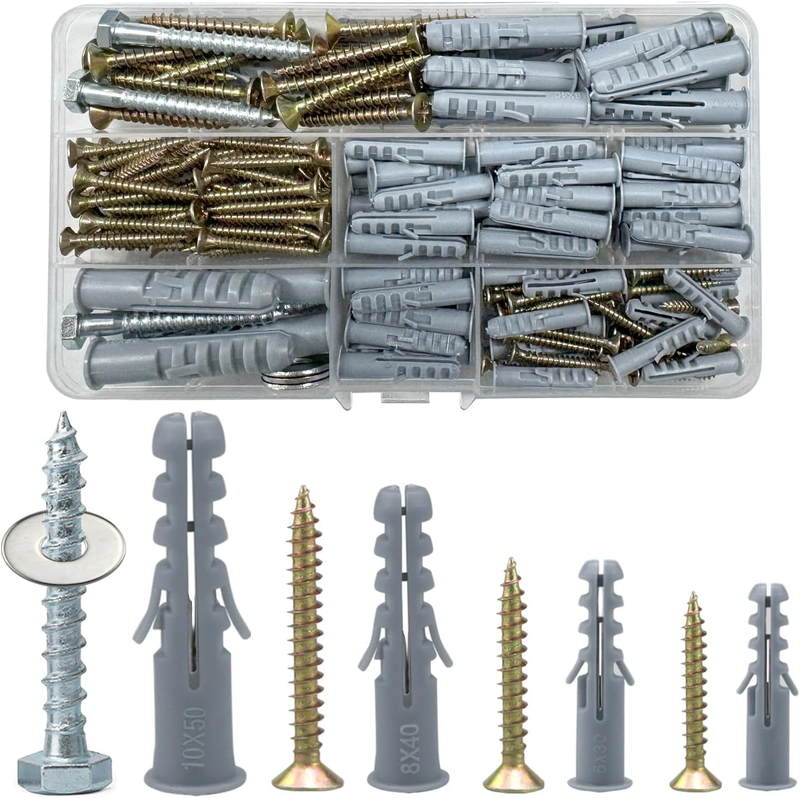 188 Pcs Screws and Wall Plugs Set,Anchor Bolts Assorted,Heavy Duty Rawlplug