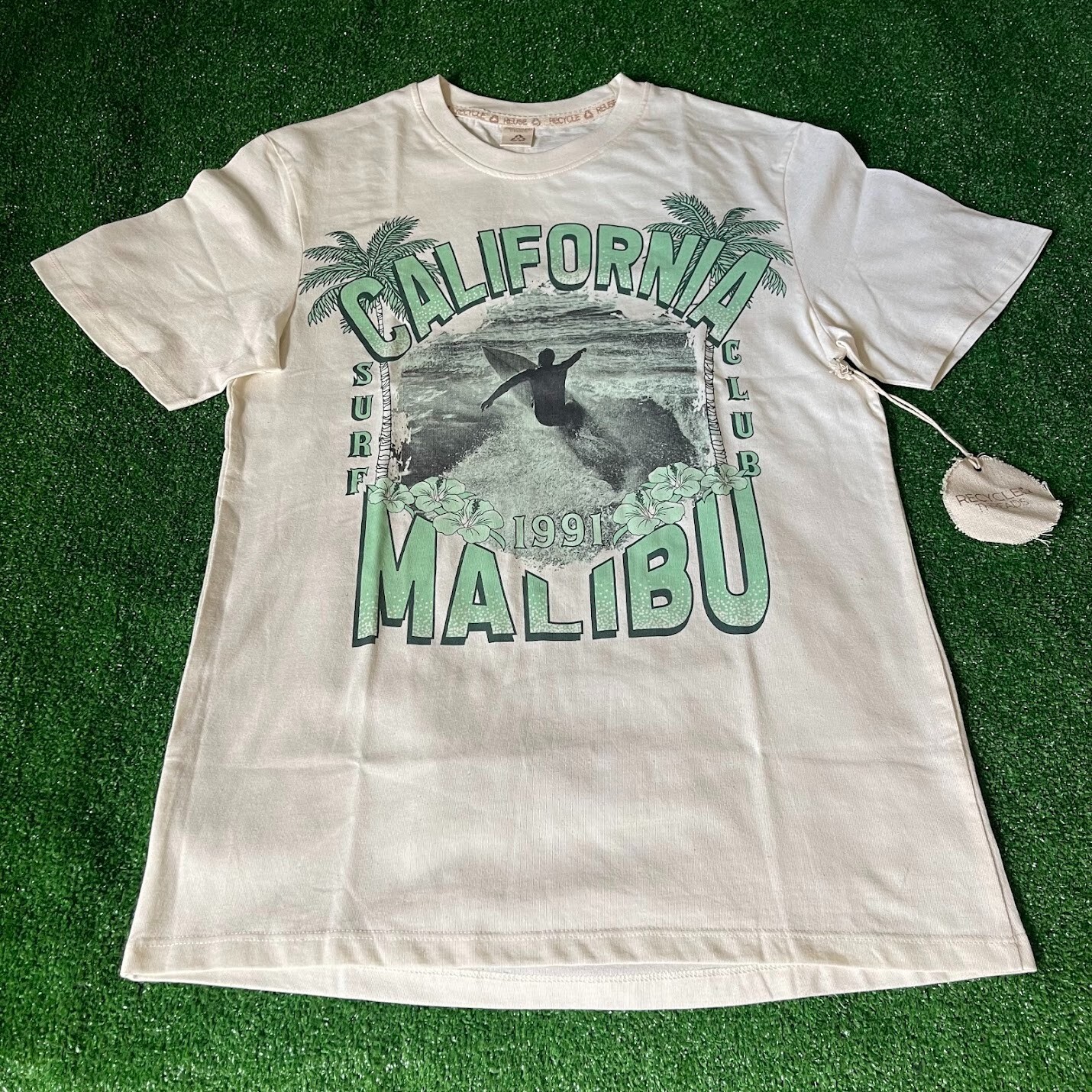 Recycled Threads Malibu California 1991 Surf Club Beige SS T