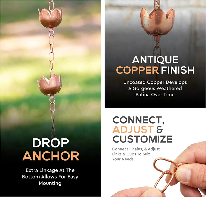 6.5Ft Long for Universal Fit Copper Rain Chain Decorative Chimes & Cups Gutter