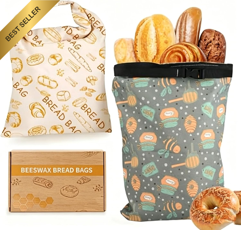 2 Pack XL Beeswax Bread Bags with Zipper Seal – Reusable Cotton Linen Waxed Brea