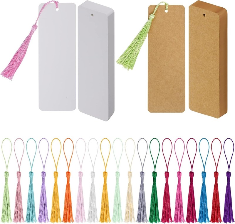 60 Pack Kraft Paper Blank Bookmarks with 60 Pcs Colorful-Tassels