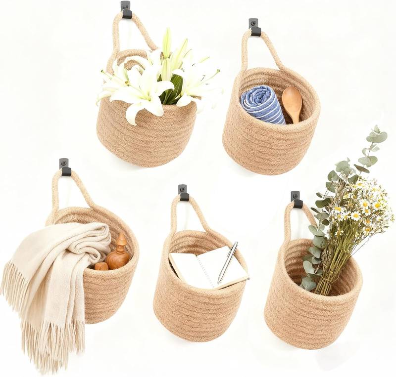 5 Pcs Woven Wall Hanging Baskets, Boho Storage Organizers Fabric Pouches Wall Mo