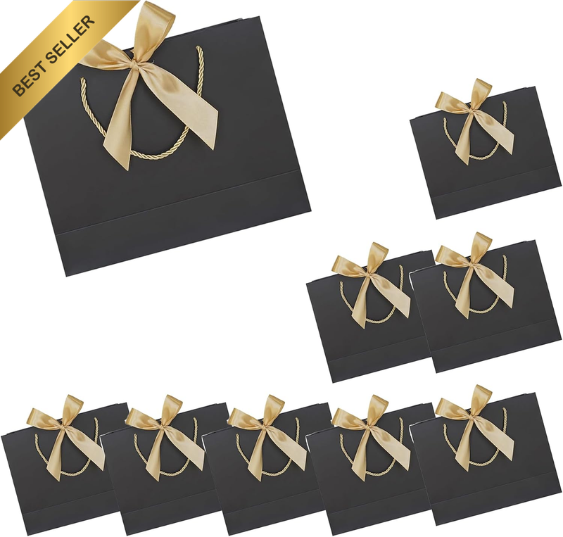 8‑Pack Black Bags with Golden Bow Ribbon & Handles (12.6×9.8×4.3 Inches), Portab