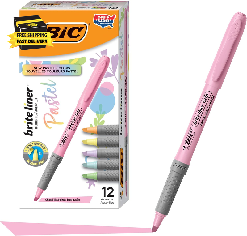 Brite Liner Grip Pastel Highlighter Set, Chisel Tip, 12-Count Pack of Pastel Hig