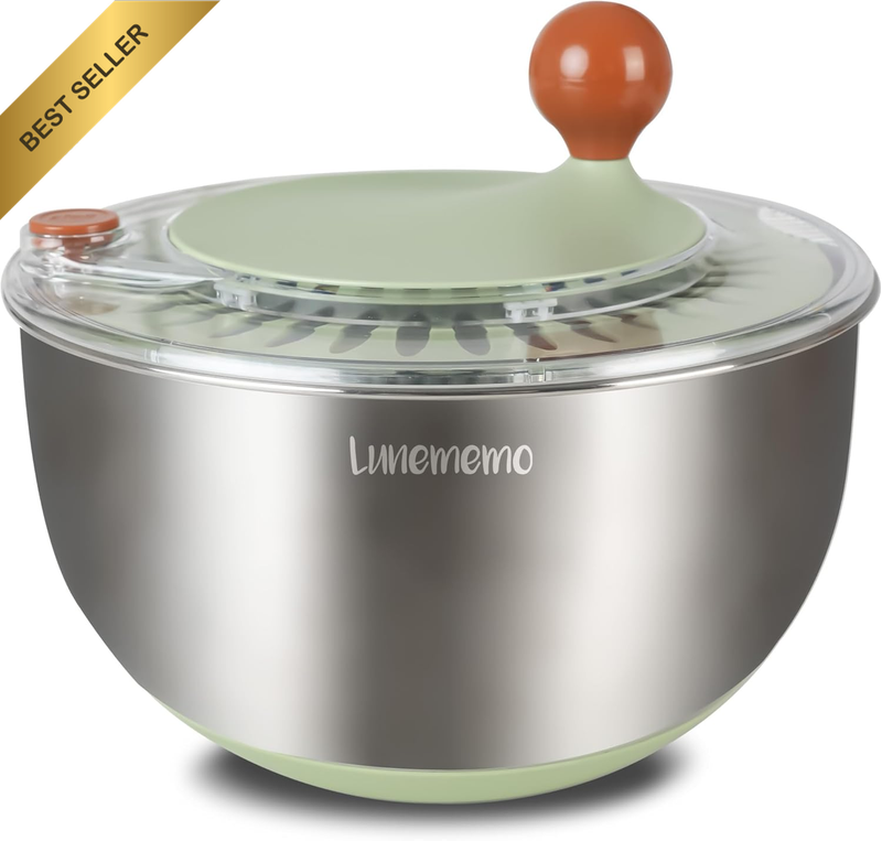 Stainless Steel Salad Spinner, Lettuce Spinner with Drain, Non-Slip Base, Stop B