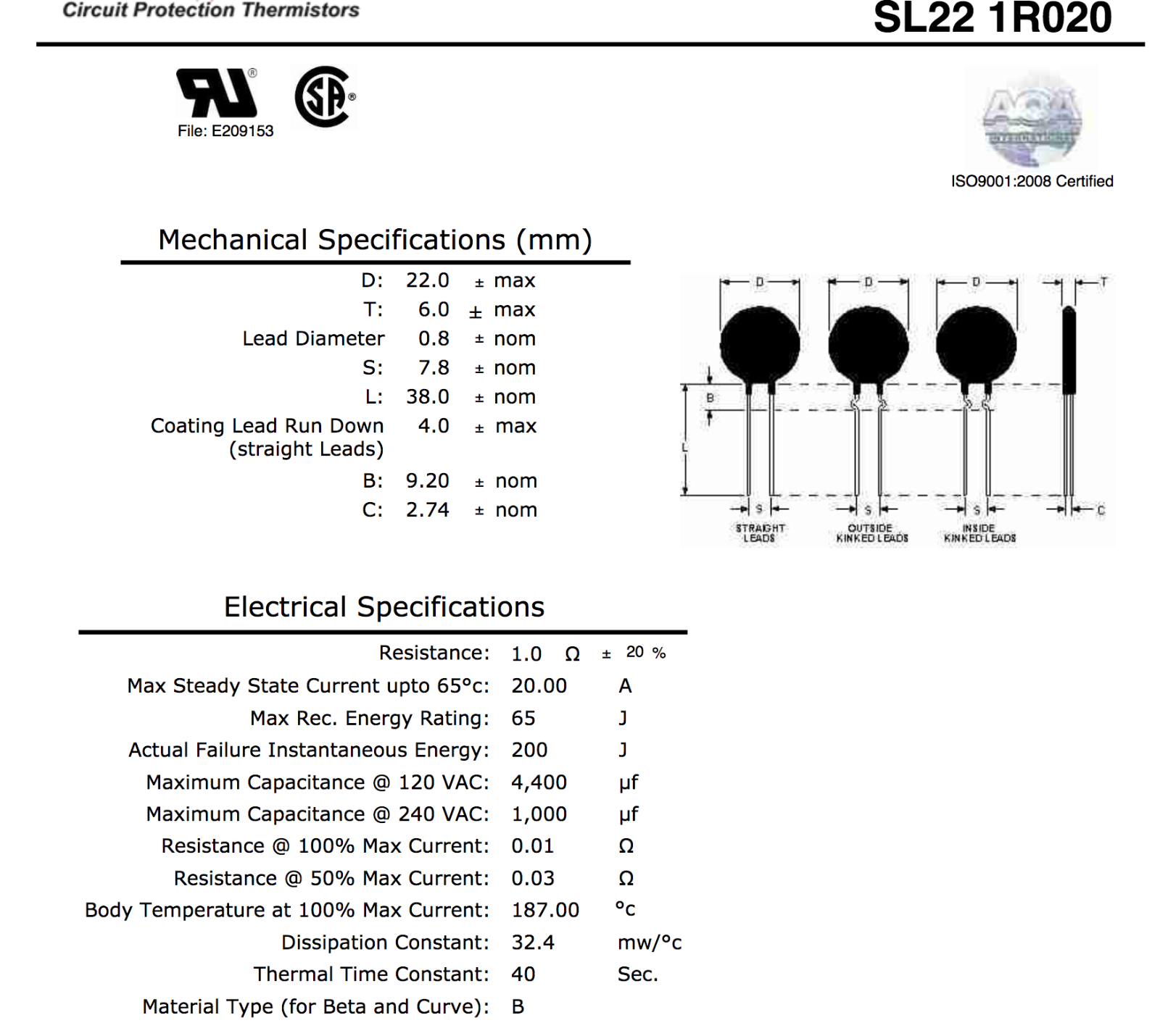 Ametherm  SL22 1R020 (Pack of 2) NTC THERMISTOR SL221R020 (ALSO SG100, SG301)
