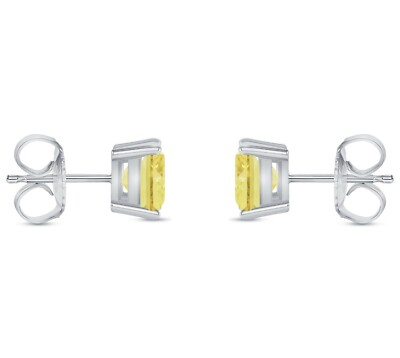Pre-owned Shine Brite With A Diamond 3 Ct Princess Cut Canary Earrings Studs Solid 14k White Gold Push Back Basket
