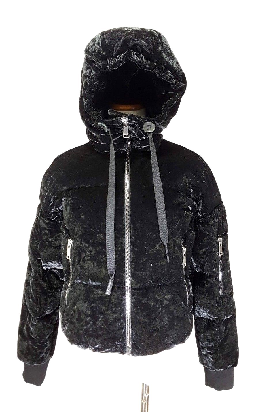 Andrew Marc Womens Black Velvet  Hooded Puffer Down Jacket  Size S