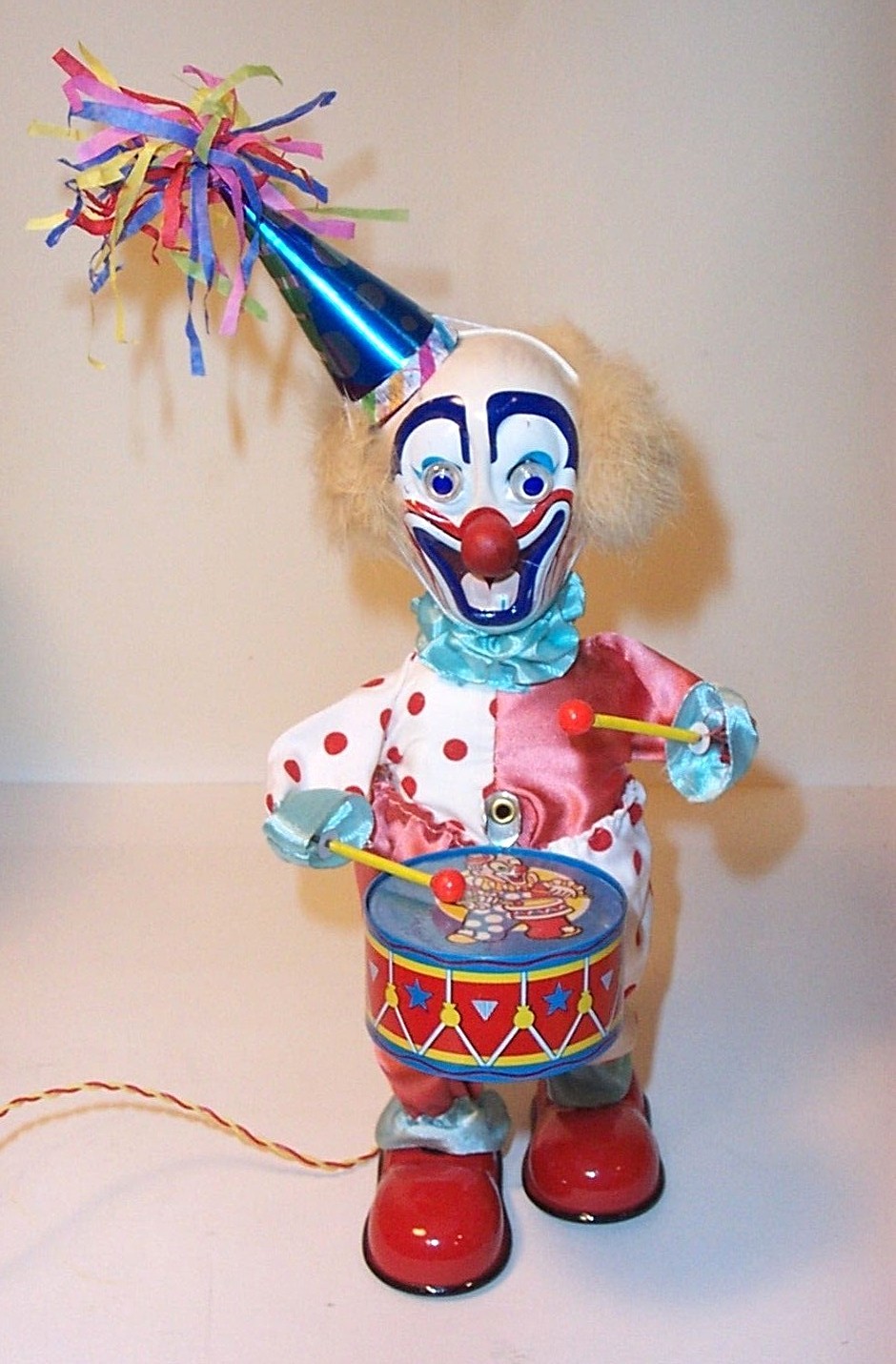 MINT 1950's BATTERY OPERATED BLINKY THE CLOWN WITH DRUM TIN LITHO TOY MIB JAPAN